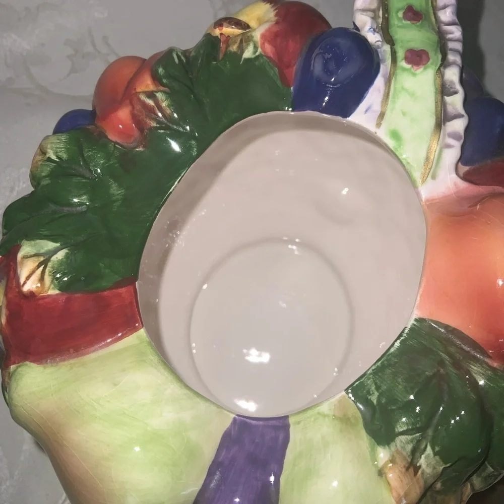 Tea For 3~Vintage 1970’s Colorful Fruit In A Basket~Ceramic Tea Pot & Three Cups
